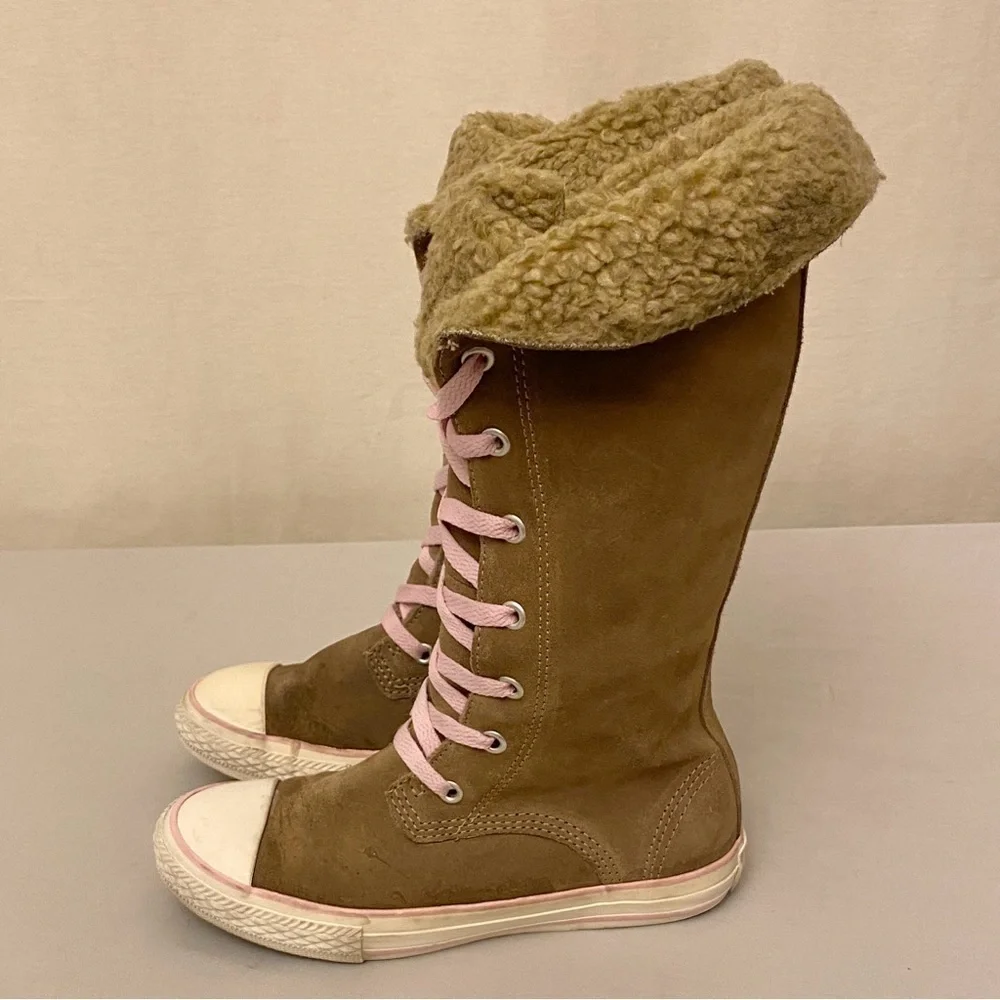 Converse Sharon Girls Youth Size 1 Tall Calf Sneakers Suede Beige Pink Shoes